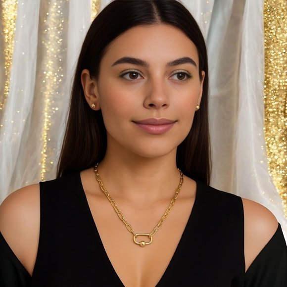 🆕 18K Gold Plated Chain Necklace & Ball Stud Earrings Set Stainless Steel - Picture 1 of 16